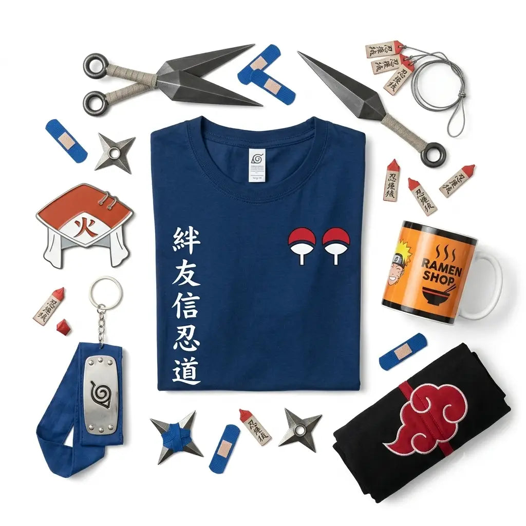 Navy blue Naruto t-shirt with white Japanese characters and red white Uchiha clan eyes print from Naruto merchandise.