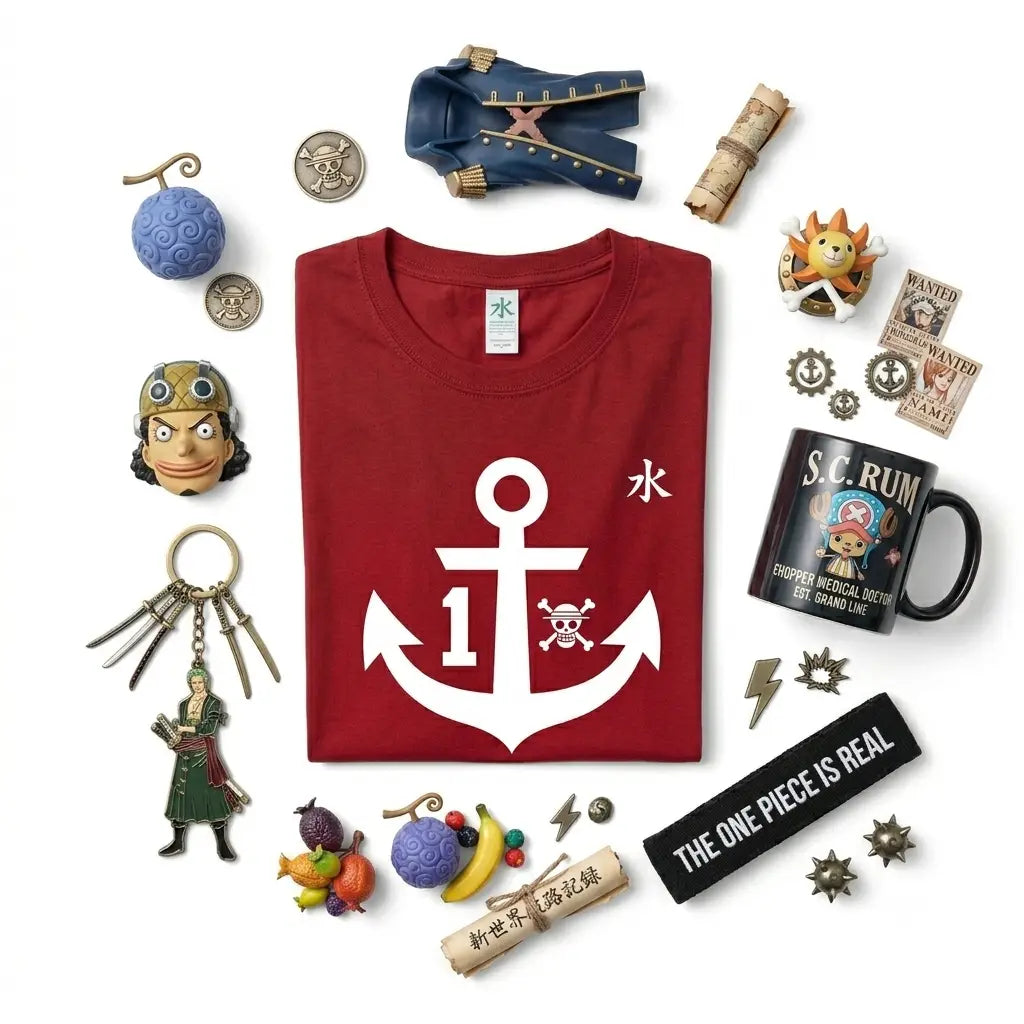 Red cotton t-shirt with white anchor number 1 skull and crossbones and chinese characters from one piece merchandise collection
