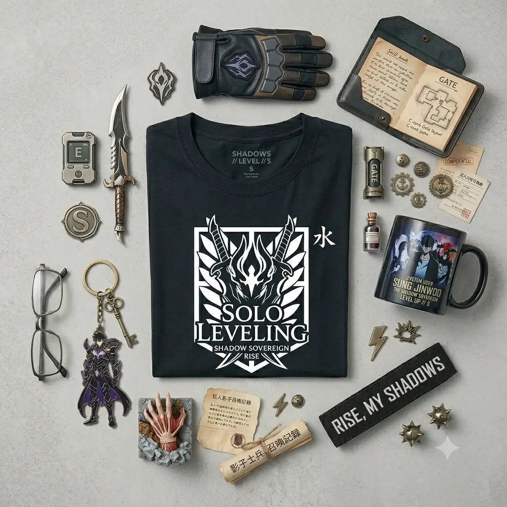 Black t-shirt with white solo leveling logo and shadow sovereign rise text featuring stylized dragon emblem