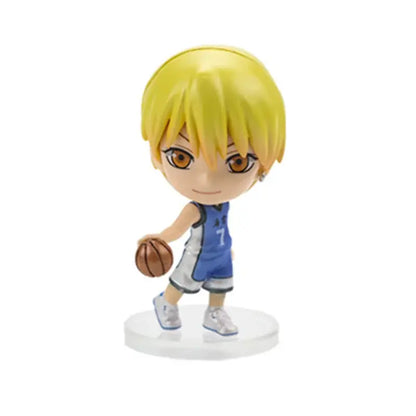 Chibi-style pvc figurine of blonde basketball player in blue and white jersey number 7 holding orange ball from kuroko’s basketball