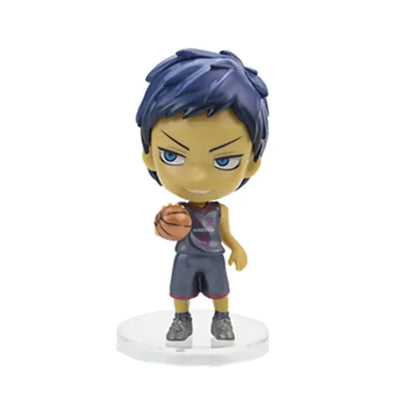 Blue-haired chibi kuroko tetsuya basketball figurine in gray jersey holding orange ball pvc anime model toy