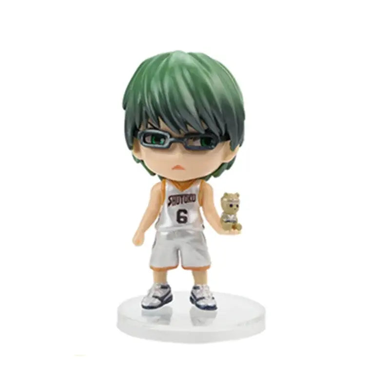 Green-haired chibi anime basketball player figurine in white sutoku jersey number 6 with black glasses pvc model