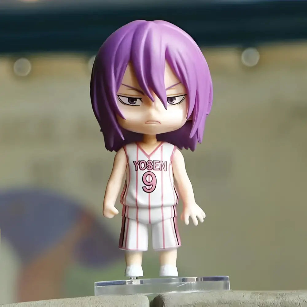 Purple-haired anime basketball player figurine in white and red striped yosen jersey number 9 pvc model toy