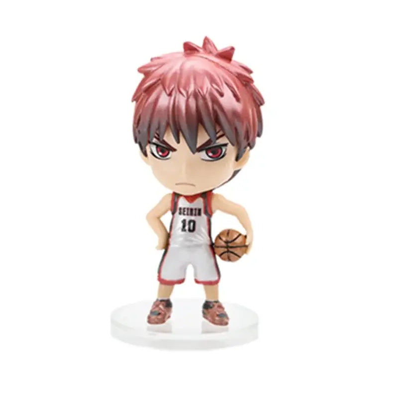 Chibi-style pvc figurine of kuroko’s basketball player kagami taiga with spiky reddish-pink hair holding an orange basketball