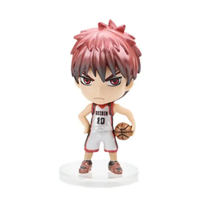 Chibi-style pvc figurine of kuroko’s basketball player kagami taiga with spiky reddish-pink hair holding an orange basketball