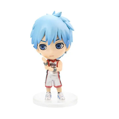 Blue-haired chibi pvc figurine of kuroko from kuroko’s basketball in white and red uniform for collection or play