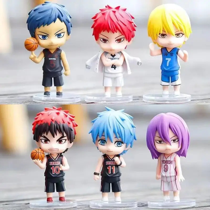 Six vibrant chibi-style pvc anime kurokos basketball action figures on clear bases featuring team uniforms