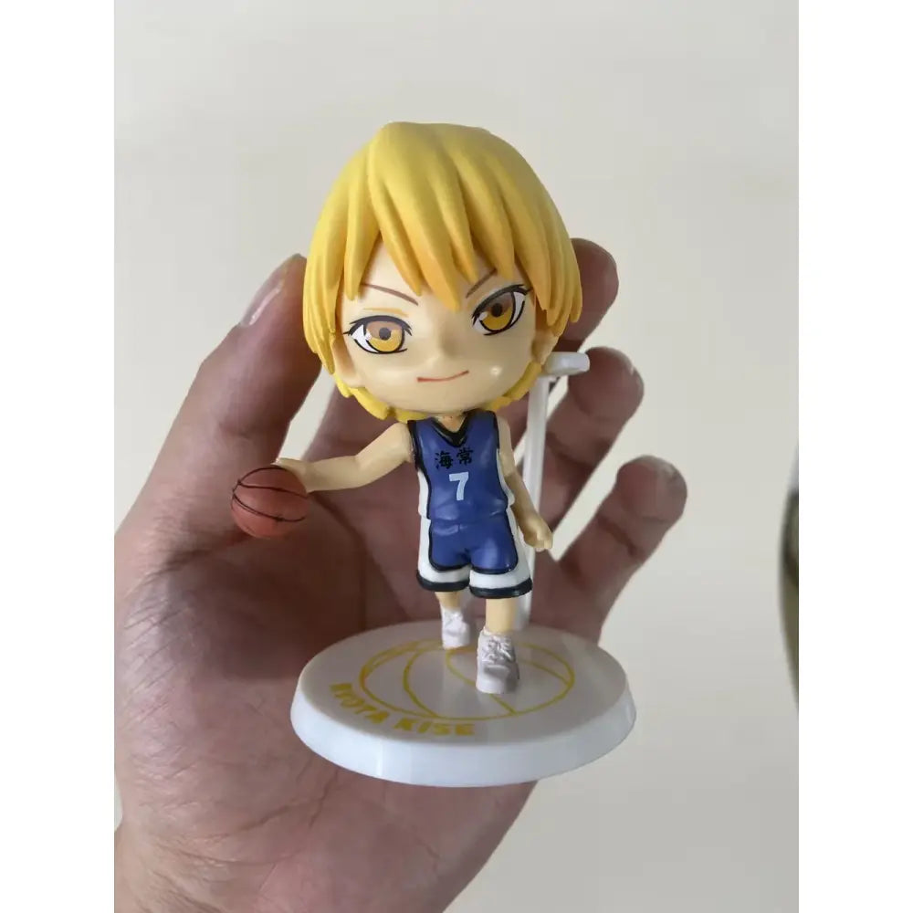 Chibi-style pvc action figure of blonde basketball player in blue jersey number 7 delivered intact in retail box