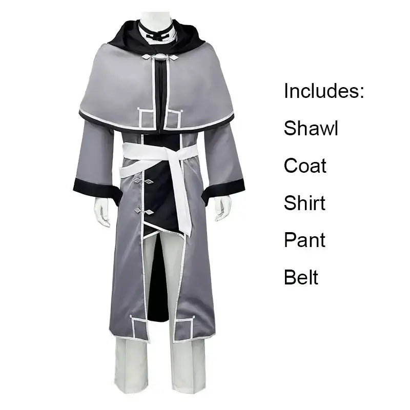 Gray and black mushoku tensei rudeus hooded coat cosplay adulthood uniform set with white trim and matching pants belt