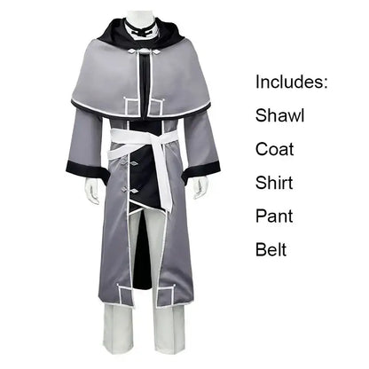 Gray and black mushoku tensei rudeus hooded coat cosplay adulthood uniform set with white trim and matching pants belt