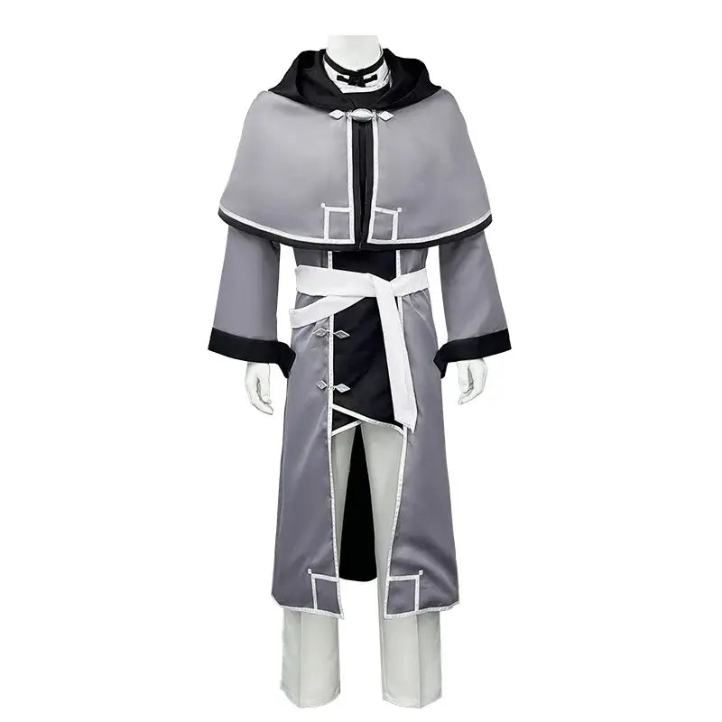 Gray and black hooded cosplay robe with white trim and belted waist for mushoku tensei rudeus adulthood uniform set