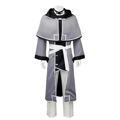 Gray and black hooded cosplay robe with white trim and belted waist for mushoku tensei rudeus adulthood uniform set