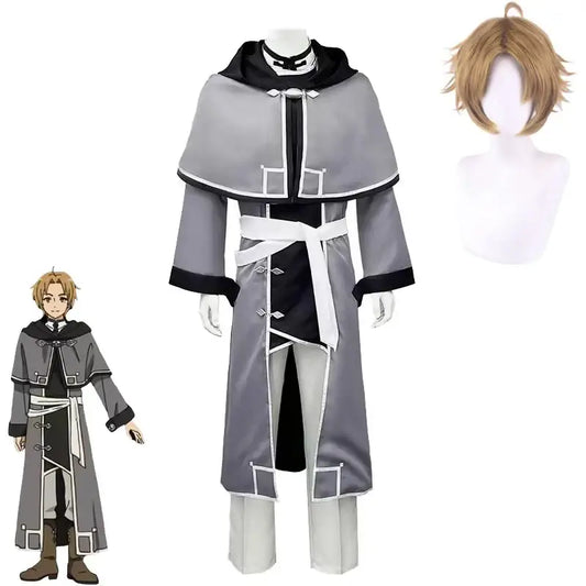 Gray and black mushoku tensei rudeus hooded cape cosplay outfit with white trim and matching belt adulthood uniform set