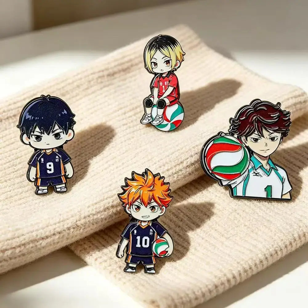 Chibi anime volleyball player enamel pins with vibrant colors and detailed character uniforms for fashion lapel badges