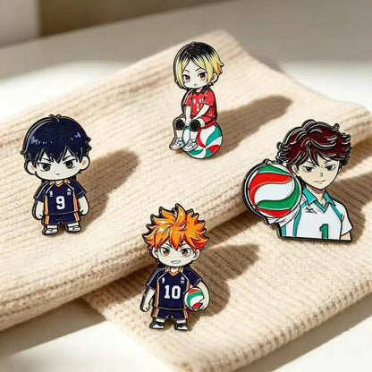 Chibi anime volleyball player enamel pins with vibrant colors and detailed character uniforms for fashion lapel badges