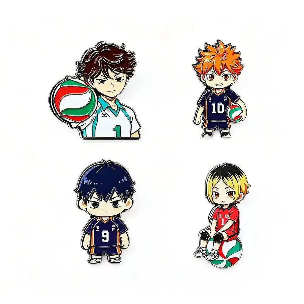 Set of four anime-style enamel pins featuring colorful volleyball players in team uniforms for fashion lapel badges