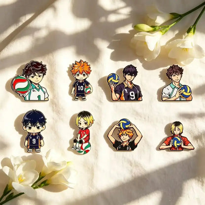 Set of eight colorful anime-style volleyball player enamel pins featuring cartoon characters in team uniforms for gifts