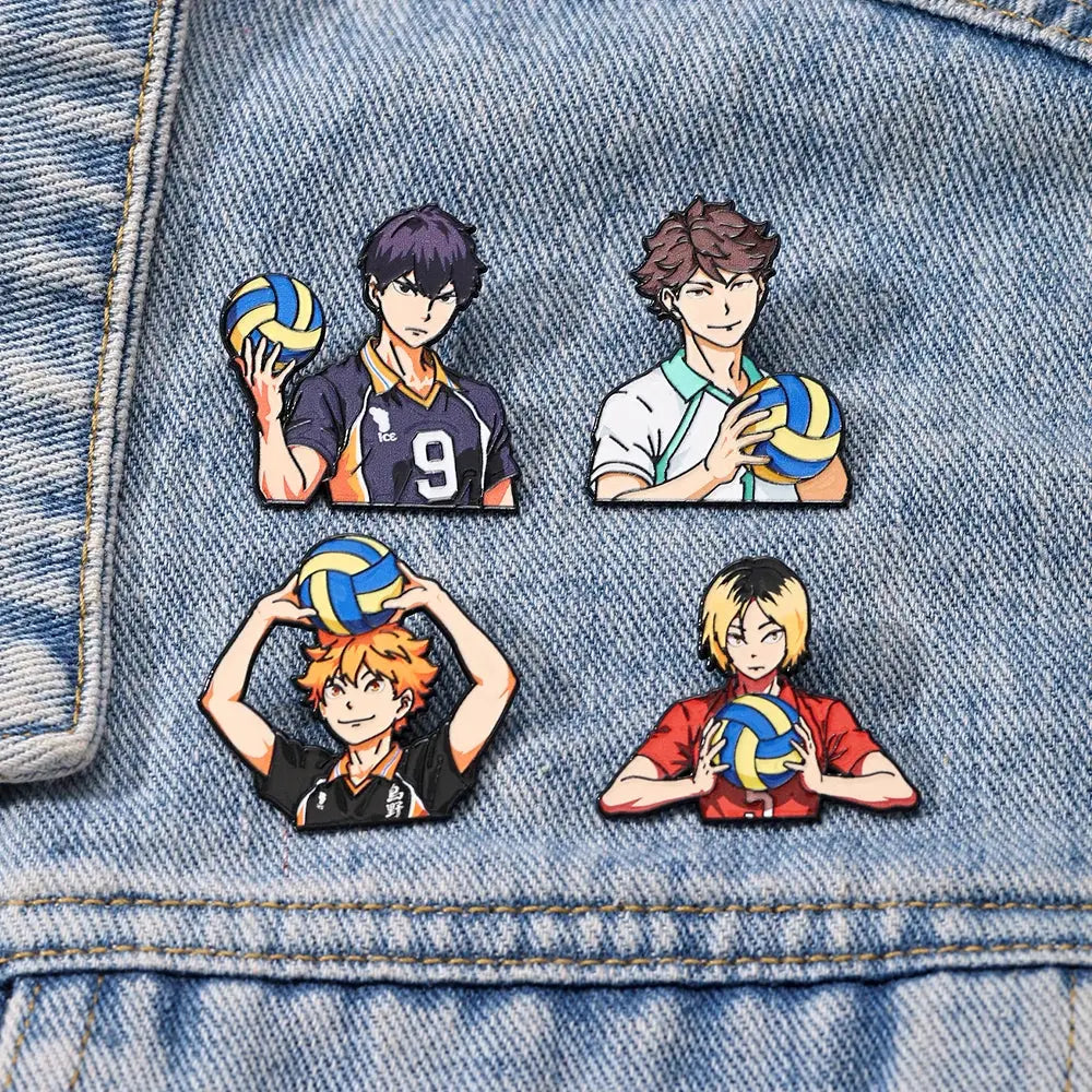 Four colorful anime volleyball player enamel pins with vibrant hair in distinct outfits for fashion lapel badges gift