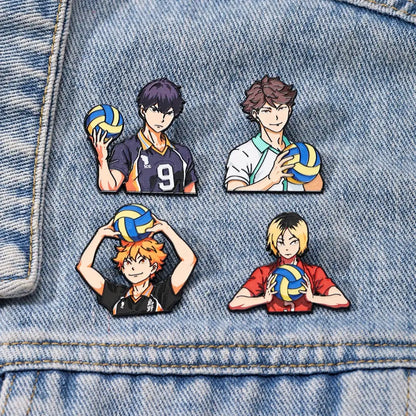 Four colorful anime volleyball player enamel pins with vibrant hair in distinct outfits for fashion lapel badges gift