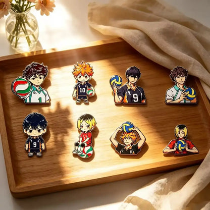 Set of eight colorful chibi-style haikyuu anime volleyball player enamel pins perfect for fashion lapel badges gift
