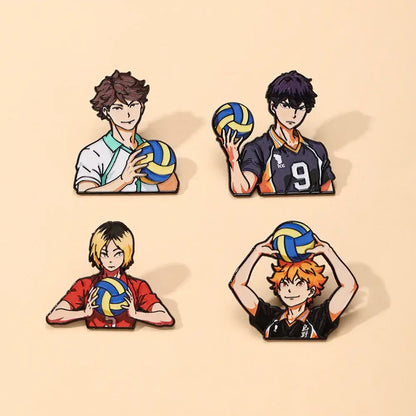 Four anime-style enamel pins of volleyball boys in colorful uniforms holding blue and yellow volleyballs for lapel badges