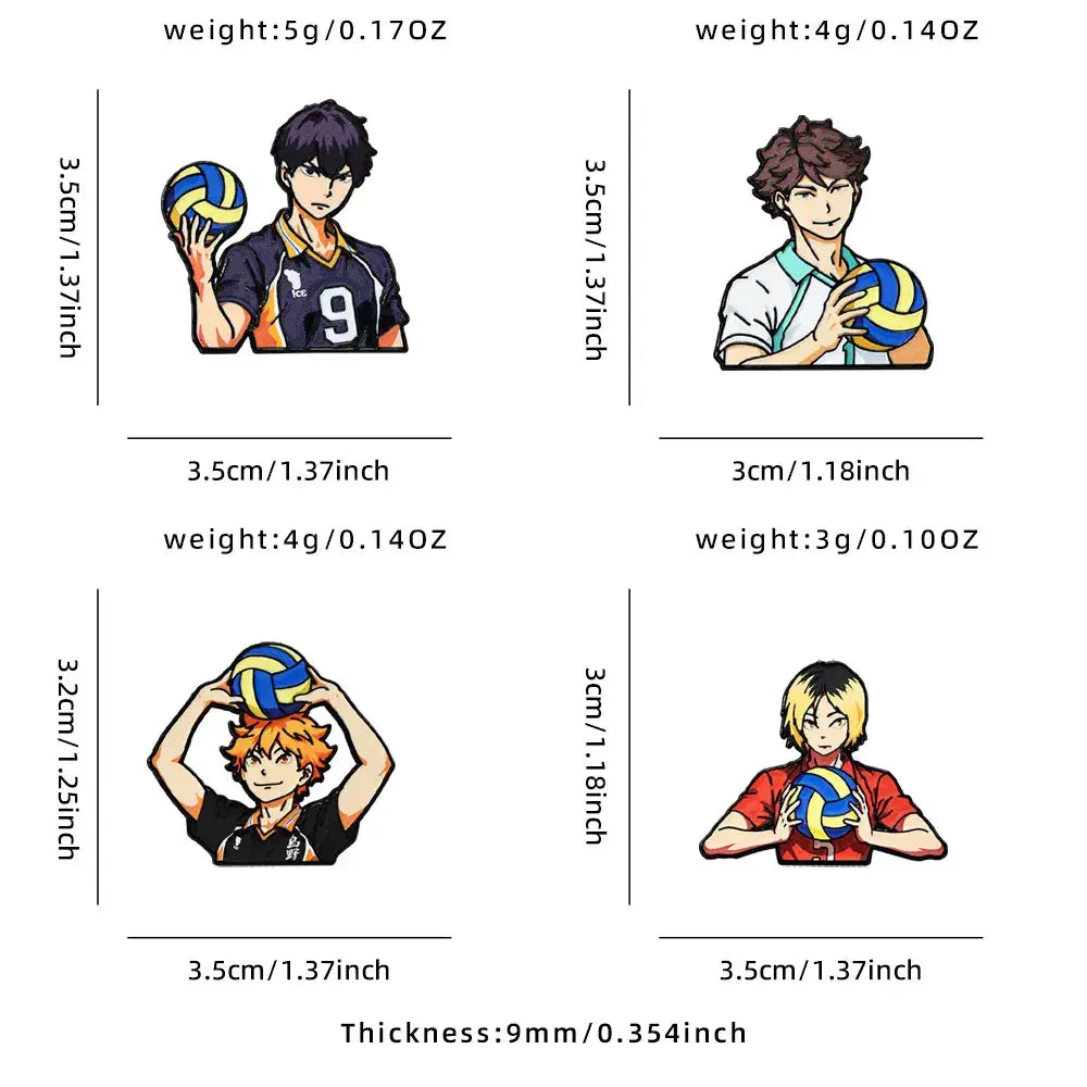 Four anime-style volleyball boy enamel pins in colorful team uniforms holding or serving ball for jacket or bag accessory