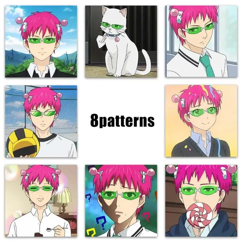 A 500pcs set anime saiki kusuo roll sticker featuring pink hair character with green glasses and hair clips for decoration