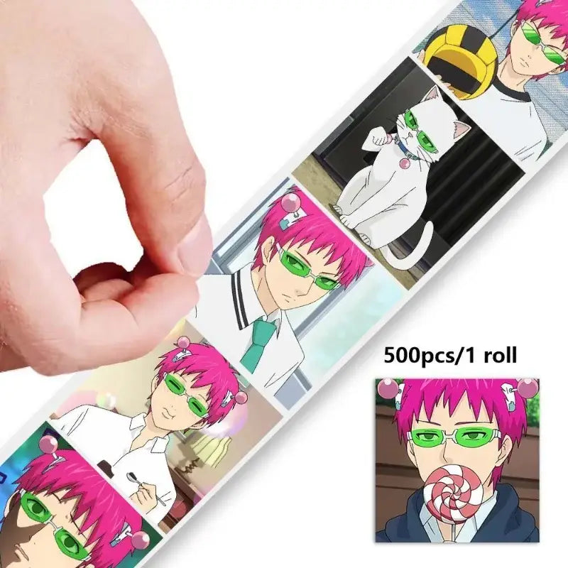 A roll of 500pcs set anime saiki kusuo stickers featuring sanji with pink hair and green sunglasses on glossy white backing
