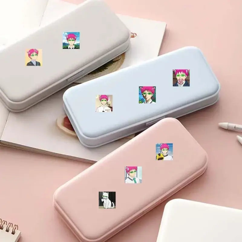 Pastel-colored pencil cases with soft smooth surfaces decorated with small anime saiki kusuo stickers 500pcs set anime