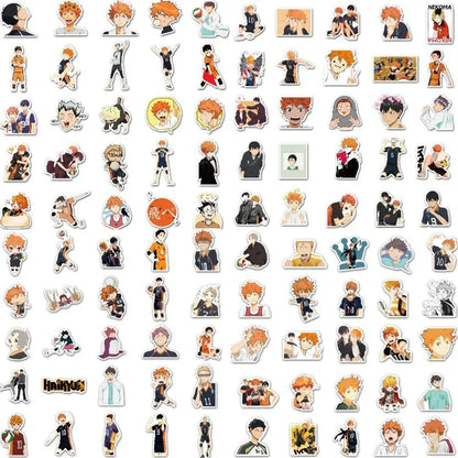 A collection of colorful glossy haikyuu anime stickers featuring volleyball characters with orange hair for laptops and skateboards