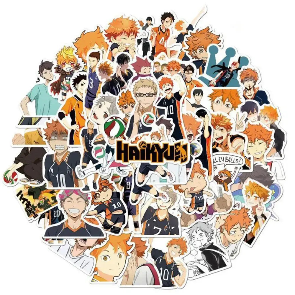A collection of 50pcs glossy haikyuu anime stickers featuring vibrant orange-haired players in dynamic poses for kids toys