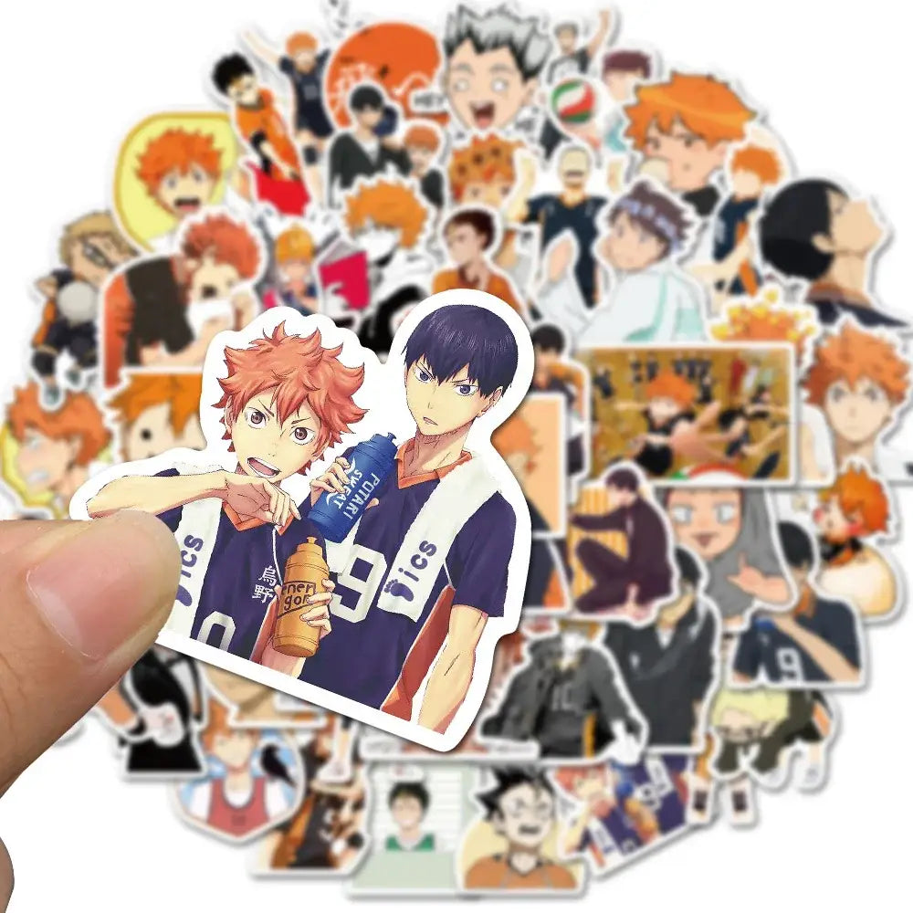 A vibrant collection of 50pcs cartoon anime haikyuu stickers decals featuring orange-haired characters in sports uniforms