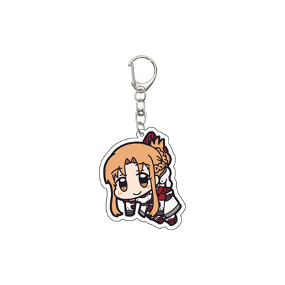 Chibi-style acrylic keychain featuring a character with light brown hair and red ribbon in a white and red outfit from sword art online