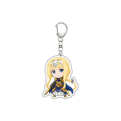 Chibi-style acrylic keychain featuring blonde character in blue and gold armor with white headband holding two swords