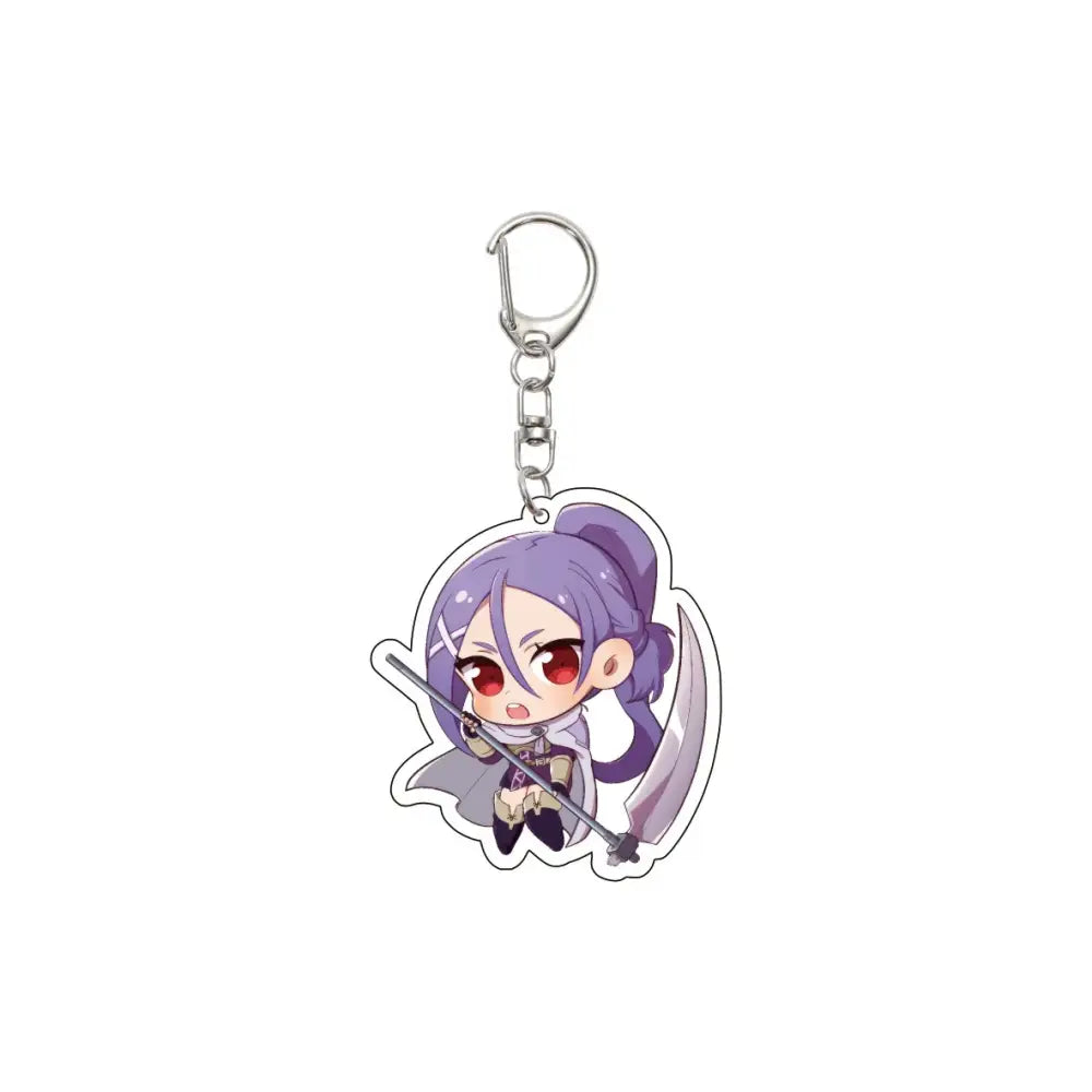 Purple-haired anime keychain with red eyes holding a sword acrylic charm attached to a silver metal clip
