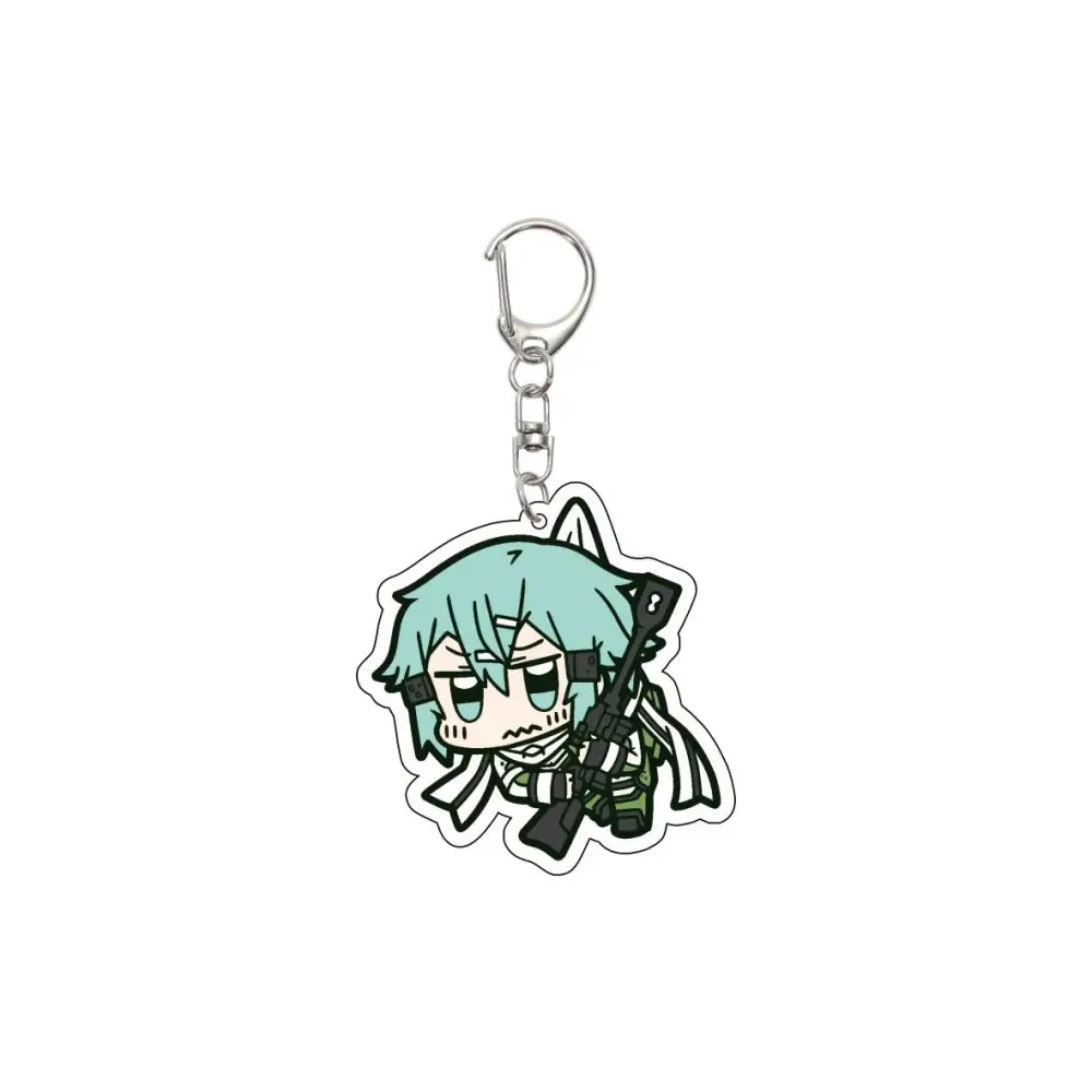 55mm anime sword art online acrylic keychain featuring turquoise-haired chibi character holding rifle with silver clip