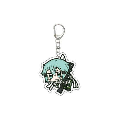 55mm anime sword art online acrylic keychain featuring turquoise-haired chibi character holding rifle with silver clip