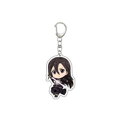 Chibi-style black-haired anime character acrylic keychain with glowing sword and silver clip from sword art online series