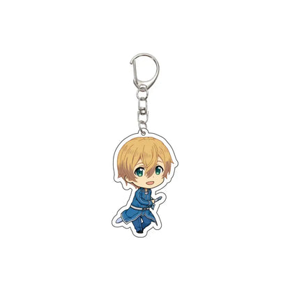 Chibi-style acrylic keychain of blonde-haired alice synthesis kirigaya kazuto in blue attire with green eyes and silver clip