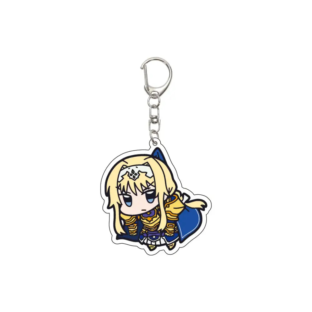 Chibi-style acrylic keychain of alice from sword art online with blonde hair golden armor blue cape and silver clip