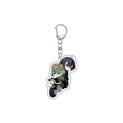 Clear acrylic 55mm anime keychain with green-haired and dark-haired characters on motorcycle from Sword Art Online