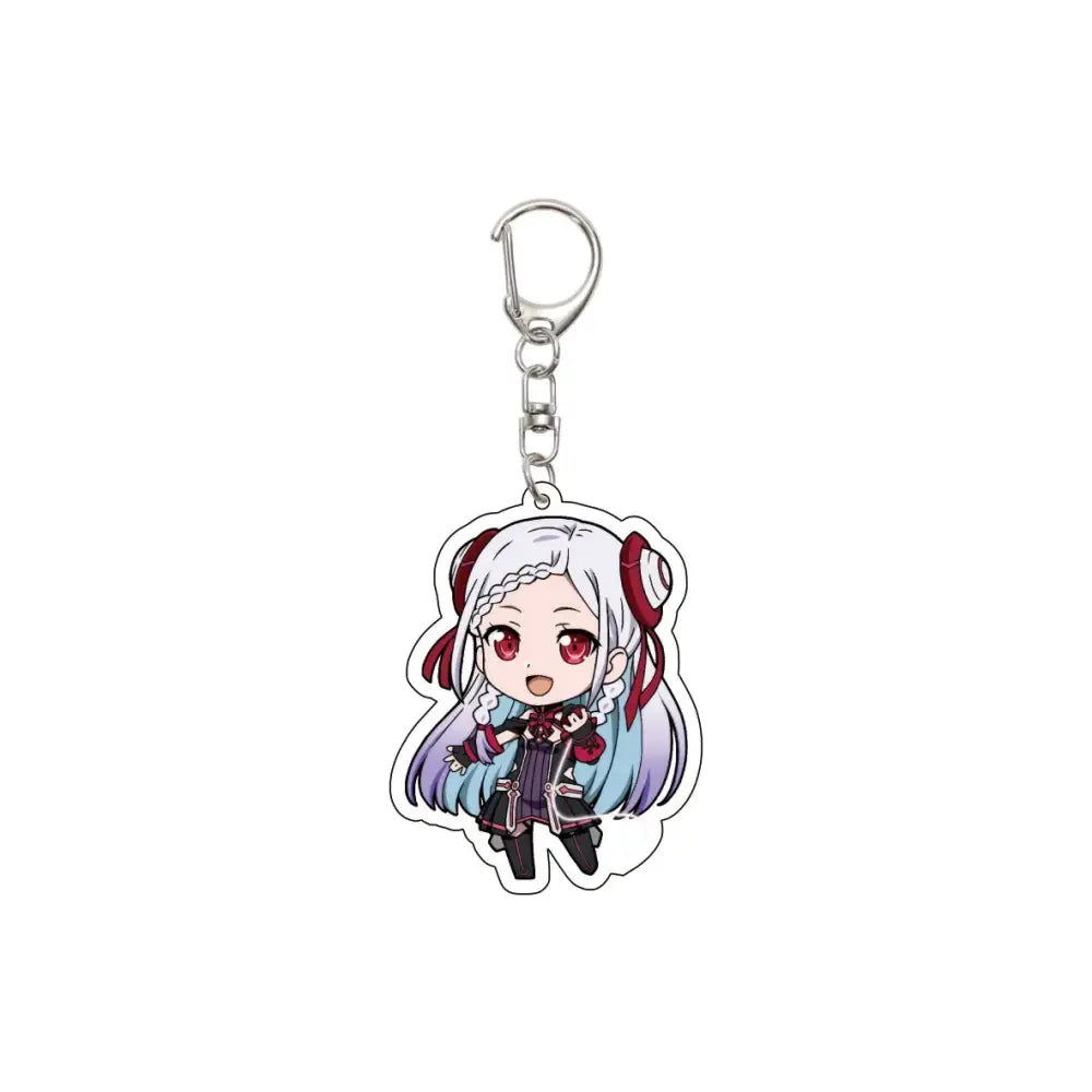 A chibi-style 55mm acrylic keychain of Alice synthesis from Sword Art Online with white hair and blue black outfit