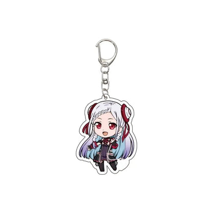 A chibi-style 55mm acrylic keychain of Alice synthesis from Sword Art Online with white hair and blue black outfit