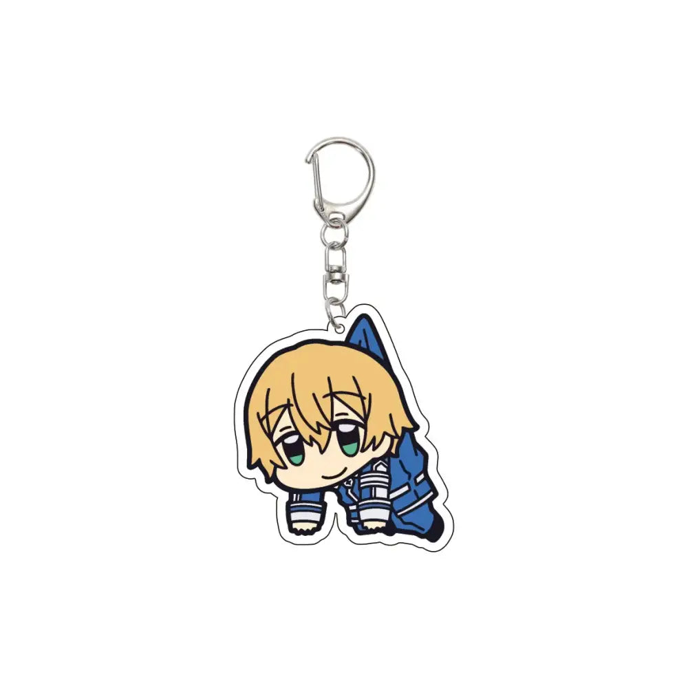 55mm anime sword art online acrylic keychain featuring blue and white chibi character with blonde hair and green eyes