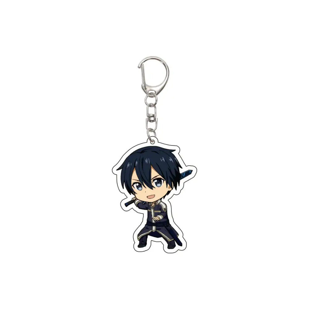 Chibi-style acrylic keychain featuring black-haired anime character kirigaya kazuto in dark uniform holding a sword