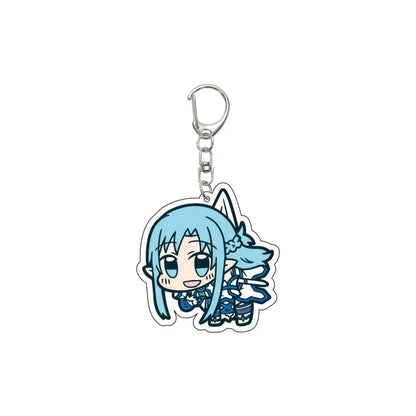 A 55mm blue-haired anime character acrylic keychain with silver metal clip and chain from Sword Art Online