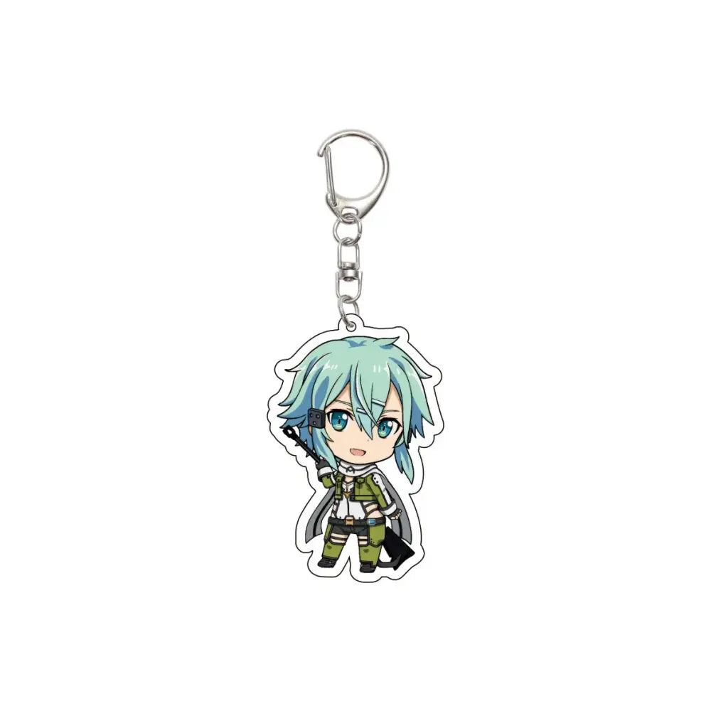 A chibi-style acrylic keychain with light blue hair and green eyes in olive-green military uniform from sword art online