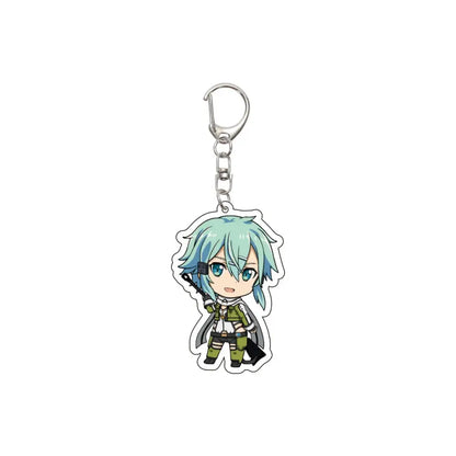 A chibi-style acrylic keychain with light blue hair and green eyes in olive-green military uniform from sword art online