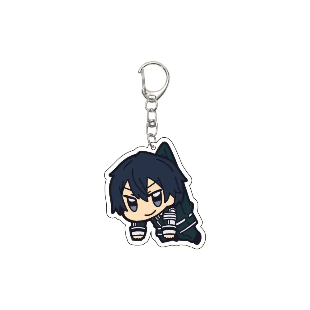 Dark-haired anime character keychain with black and white outfit chibi style acrylic model for christmas gifts