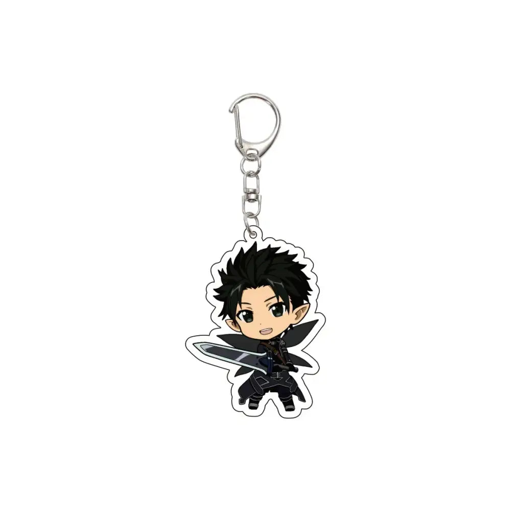 Black and silver acrylic 55mm anime sword art online keychain featuring chibi kirigaya kazuto with sword